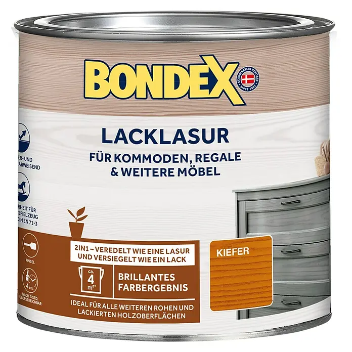 Bondex Lacklasur - Kiefer, 375 ml, Seidenglänzend - Farbdose Bondex Lacklasur Kiefer für Möbel, Regale. Wasserabweisend, ideal für rohe/lackierte Holzoberflächen für brillante Ergebnisse.
