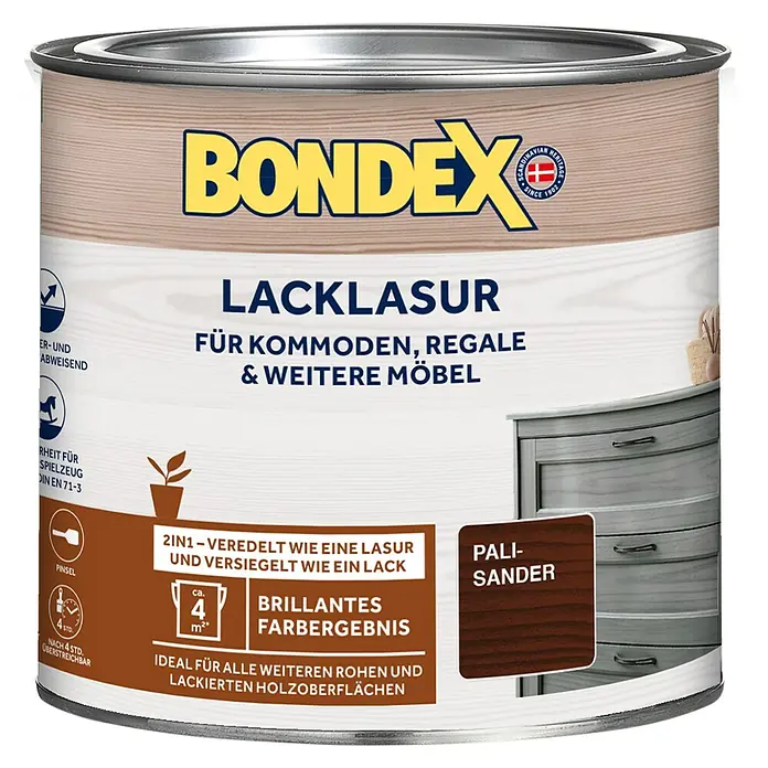 Bondex Lacklasur - Palisander, 375 ml, Seidenglänzend - Dose Bondex Lacklasur "Palisander". Für Kommoden, Regale & weitere Möbel. 2in1: Veredelt wie Lasur, versiegelt wie Lack. Brillantes Farbergebnis.