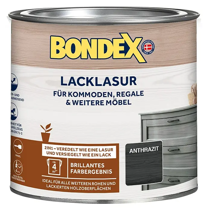 Bondex Lacklasur - Anthrazit, 375 ml, Seidenglänzend - Dose Bondex Lacklasur Anthrazit, ideal für Möbel, bietet brillanten Farbergebnis und schützt Holzoberflächen, 2in1 Lasur und Lack für Innenbereiche.