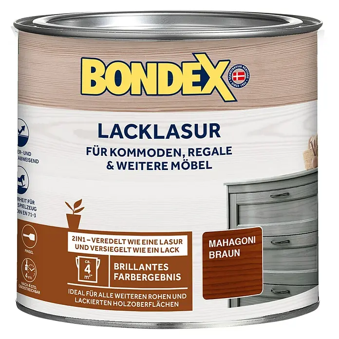 Bondex Lacklasur - Mahagoni Braun, 375 ml, Seidenglänzend - Abbildung einer Dose Bondex Lacklasur Mahagoni Braun, einer 2in1 Holzveredelung für Möbel.