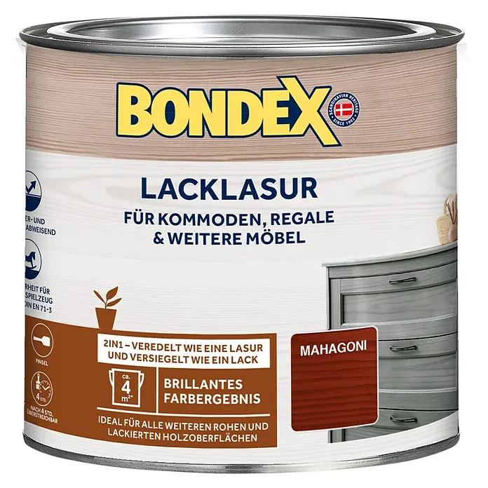 Bondex Lacklasur - Mahagoni, 375 ml, Seidenglänzend - Dose Bondex Lacklasur Mahagoni für Kommoden, Regale & Möbel. 2in1: Veredelt wie Lasur, versiegelt wie Lack. Brillantes Farbergebnis.