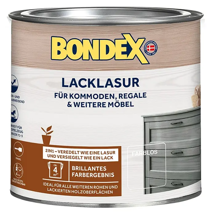 Bondex Lacklasur - Farblos, 375 ml, Seidenglänzend - Bild einer Dose Bondex Lacklasur für Kommoden, Regale und weitere Möbel. Farblos und ideal für rohe und lackierte Holzoberflächen.