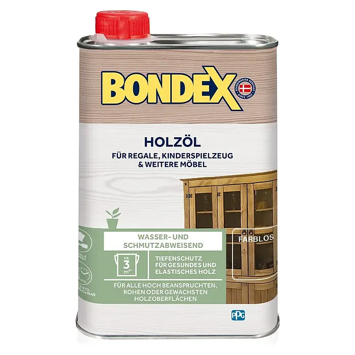 Bondex Holzöl - Farblos, 250 ml - Produktabbildung von Bondex Holzöl für Regale, Kinderspielzeug und Möbel, farblos, mit Tiefenschutz für gesundes und elastisches Holz.