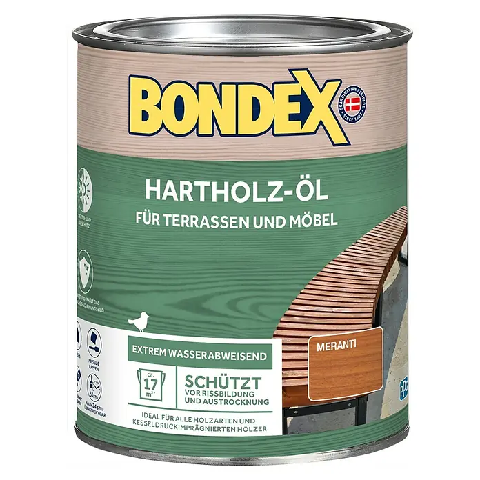 Bondex Hartholzöl für Terrassen und Möbel - 750 ml, Meranti - Dose Bondex Hartholz-Öl für Terrassen und Möbel, Farbe Meranti. Extrem wasserabweisend, schützt vor Rissbildung und Austrocknung.
