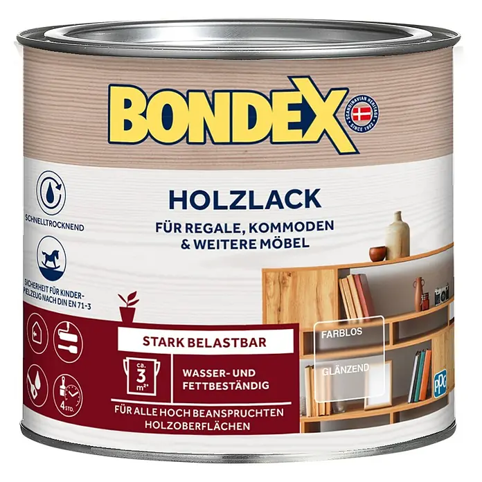 Bondex Holzlack - Farblos, Glänzend, 250 ml - Dose Holzlack von Bondex, ideal für Möbel wie Regale und Kommoden, schnelltrocknend und für stark beanspruchte Holzoberflächen.