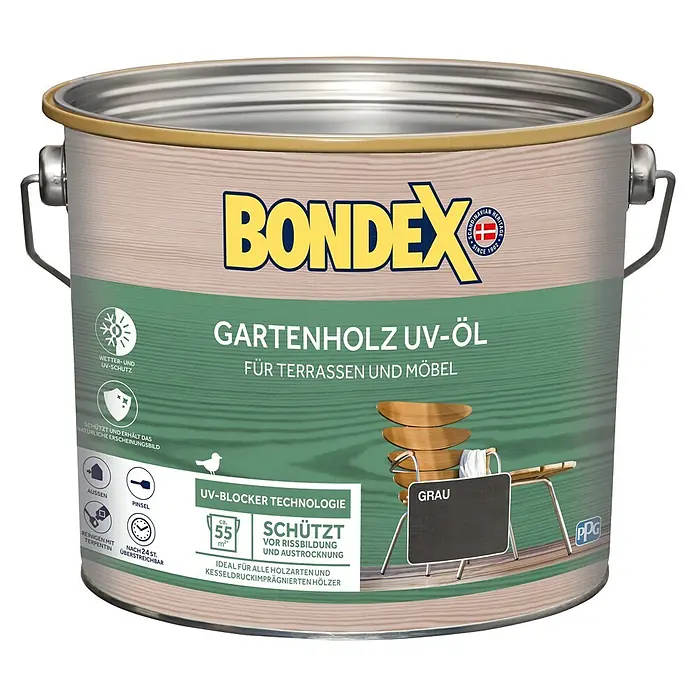 Bondex UV-Schutz-Öl Gartenholz UV-Öl - Grau, 2,5 l, Matt - Farbdose Bondex Gartenholz UV-Öl Grau für Terrassen und Möbel, schützt vor Rissbildung und Austrocknung, ideal für alle Holzarten.