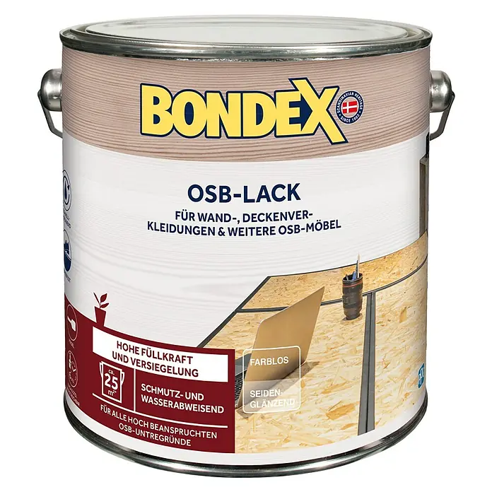 Bondex OSB-Lack - Farblos, 2,5 l, Seidenglänzend - Dose Bondex OSB-Lack, farblos, seiden-glänzend, für Wand-, Deckenverkleidungen und Möbel, hohe Füllkraft und Versiegelung, schmutz- und wasserabweisend.