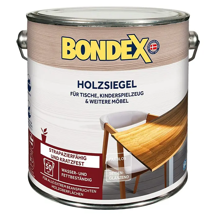 Bondex Klarlack Holzsiegel - Farblos, Seidenglänzend, 2,5 l, Wasserbasiert - Abbildung eines Bondex Holzsiegel-Produkts, einer farblosen Holzversiegelung für Tische, Kinderspielzeug und Möbel, strapazierfähig und kratzfest.