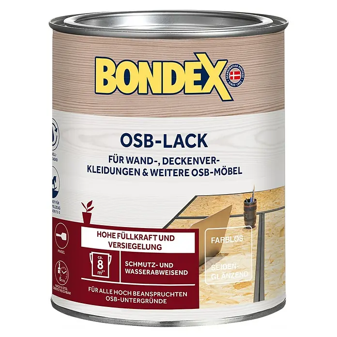 Bondex OSB-Lack - Farblos, 750 ml, Seidenglänzend - Dose Bondex OSB-Lack farblos seiden-glänzend für Wand-, Deckenverkleidungen und OSB-Möbel, mit hoher Füllkraft und Versiegelung, schmutz- und wasserabweisend.