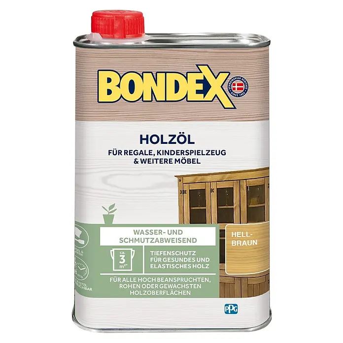 Bondex Holzöl - Hellbraun, 250 ml - Abbildung einer Dose Bondex Holzöl für Regale, Kinderspielzeug & Möbel. Wasser- und schmutzabweisend für beanspruchte Oberflächen.