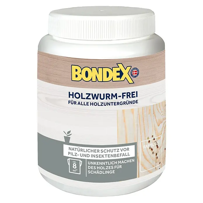 Bondex Holzwurm-Frei - 750 ml - Abbildung einer Dose Bondex Holzwurm-Frei Holzschutzmittel, das Holz vor Pilz- und Insektenbefall schützt und für alle Holzuntergründe geeignet ist.