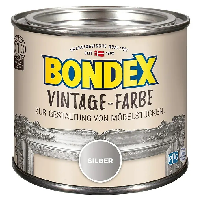 Bondex Vintage Farbe - Silber, 375 ml - Dose Bondex Vintage Farbe Silber, ideal für Möbelgestaltung. Skandinavische Qualität für einen stilvollen Vintage-Look auf Möbelstücken.