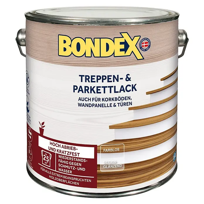 Bondex Treppen- & Parkettlack - Farblos, Seidenglänzend, 2,5 l - Dose Bondex Treppen- & Parkettlack. Farbloser, seiden-glänzender Lack für stark beanspruchte Holzoberflächen, hoch abrieb- und kratzfest.