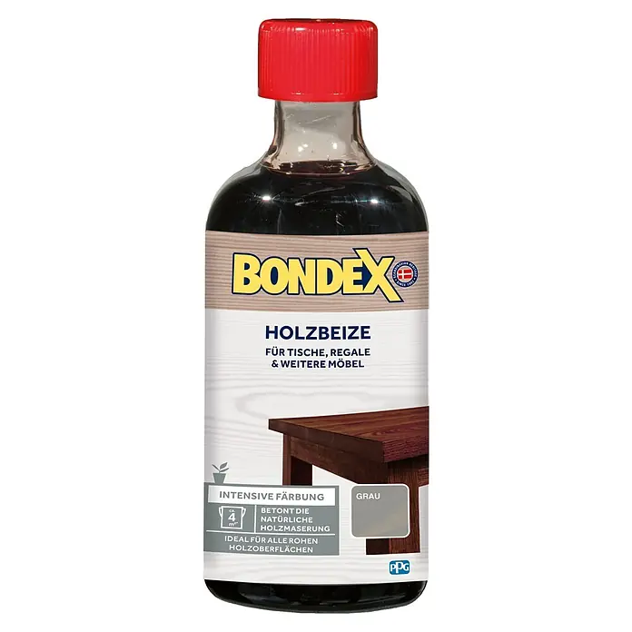 Bondex Holzbeize - Grau, 250 ml - Eine Flasche Bondex Holzbeize in Grau, ideal für Tische, Regale und Möbel. Betont die natürliche Holzmaserung und ist für rohe Holzoberflächen geeignet.