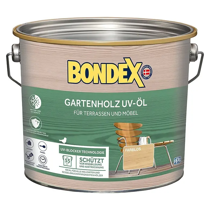 Bondex UV-Schutz-Öl Gartenholz UV-Öl - Farblos, 2,5 l, Matt - Dose Bondex Gartenholz UV-Öl farblos für Terrassen und Möbel. Schützt vor Witterung, UV-Strahlung, Rissbildung und Austrocknung.