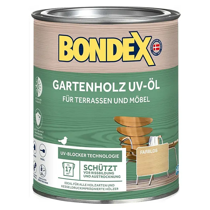Bondex UV-Schutz-Öl Gartenholz UV-Öl - Farblos, 750 ml, Matt - Dose Bondex Gartenholz UV-Öl für Terrassen und Möbel, farblos, schützt vor Rissbildung und Austrocknung, ideal für alle Holzarten.