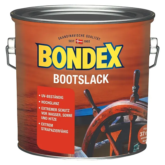 Bondex Bootslack - Farblos, Hochglänzend, 2,5 l, Lösemittelbasiert - Dose Bondex Bootslack, eine hochwertige Lackfarbe für Boote, die UV-beständig ist und extremen Schutz vor Wasser, Sonne und Hitze bietet.