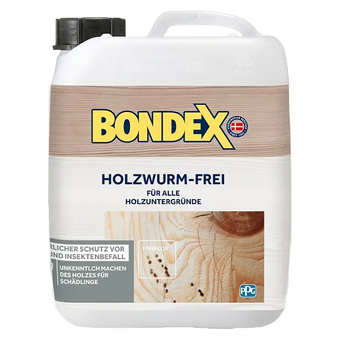 Bondex Holzwurm-Frei - 2,5 l - Produktbild eines Bondex Holzschutzmittels gegen Holzwürmer, farblos und für alle Holzuntergründe geeignet, für einen effektiven Schutz.