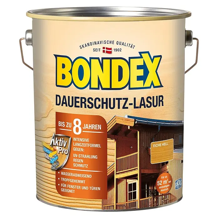 Bondex Holzlasur - Eiche Hell, 4 l, Glänzend - Farbdose Bondex Dauerschutz-Lasur für Holz, bietet bis zu 8 Jahre Schutz. Ideal für Fenster und Türen, Eiche hell.
