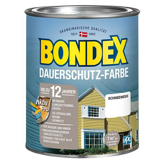 Bondex Dauerschutzfarbe - Weiß, 750 ml - Farbdose Bondex Dauerschutz-Farbe Schneeweiss. Die Farbe bietet bis zu 12 Jahre Schutz und ist für Aussen- und Innenbereiche geeignet.