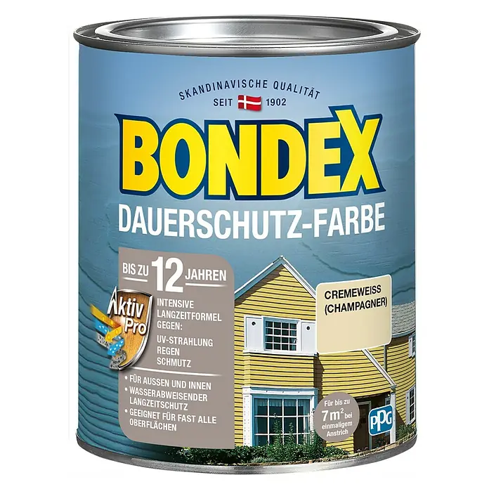 Bondex Dauerschutzfarbe - Cremeweiß/Champagner, 750 ml - Farbdose Bondex Dauerschutz-Farbe in Cremeweiss (Champagner) für den Aussen- und Innenbereich, mit Langzeitschutz und geeignet für fast alle Oberflächen.
