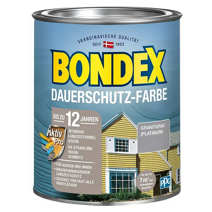 Bondex Dauerschutzfarbe - Platinum/Granitgrau, 750 ml - Ein Eimer Bondex Dauerschutz-Farbe in Granitgrau (Platinum), die bis zu 12 Jahre Schutz bietet und für fast alle Oberflächen geeignet ist.