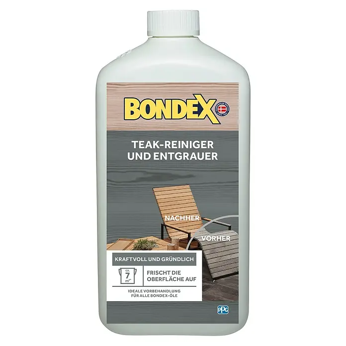 Bondex Teakreiniger & Entgrauer - 1 l, Flasche - Bondex Teak-Reiniger und Entgrauer in einer weißen Flasche. Ideal zur Vorbehandlung von Teakholzoberflächen, macht sie kraftvoll und gründlich sauber.
