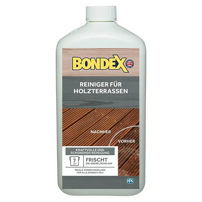 Bondex Holzterrassen-Reiniger - 1 l, Flasche - Bild einer Flasche Bondex Reiniger für Holzterrassen, der eine kraftvolle und schonende Reinigung bietet.