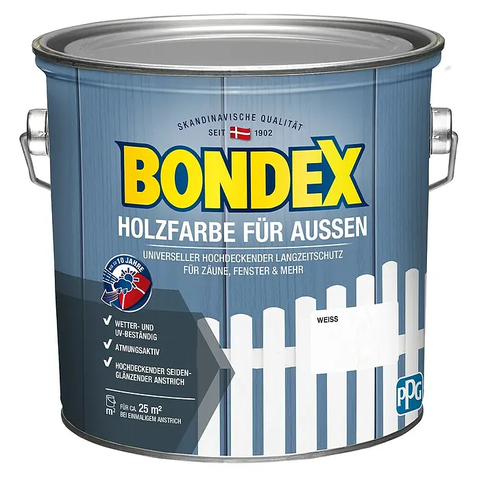 Bondex Holzschutzfarbe für Außen - Weiß, 2,5 l, Seidenglänzend - Dose Bondex Holzfarbe für Außen, Farbe Weiß, mit skandinavischer Qualität seit 1902, für Zäune, Fenster und mehr.