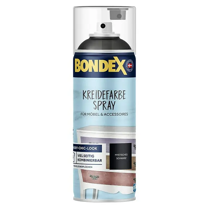 Bondex Sprühlack Kreidefarbespray für Möbel & Accessoires - Mystisches Schwarz, Stumpfmatt, 400 ml - Dose Bondex Kreidefarbe Spray für Möbel und Accessoires im Shabby-Chic-Look, vielseitig kombinierbar in mystischem Schwarz für Holzoberflächen.