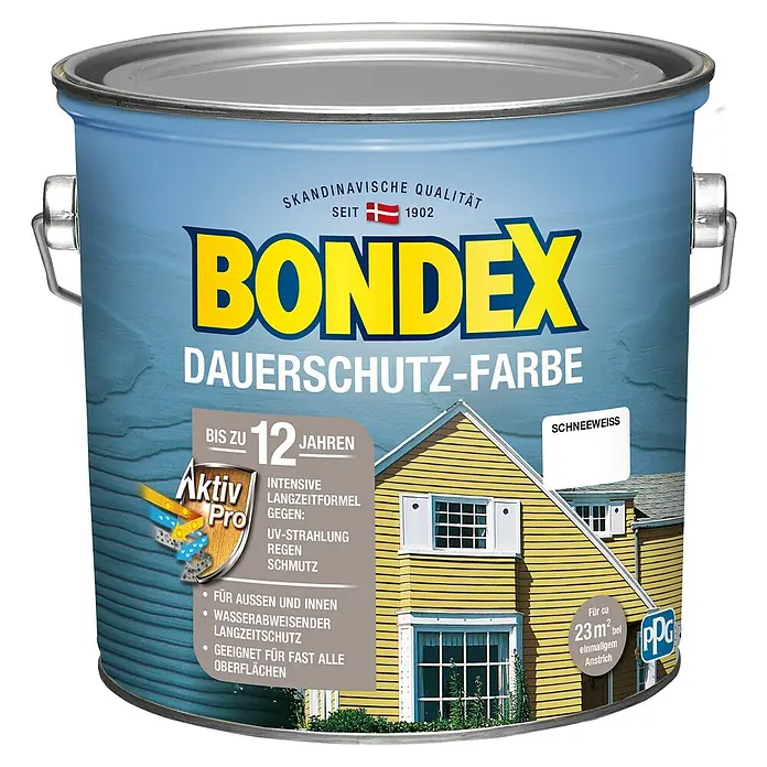 Bondex Dauerschutzfarbe - Weiß, 2,5 l - Farbdose "Bondex Dauerschutz-Farbe" in Blau mit gelber Aufschrift, ideal für langanhaltenden Schutz im Außenbereich.