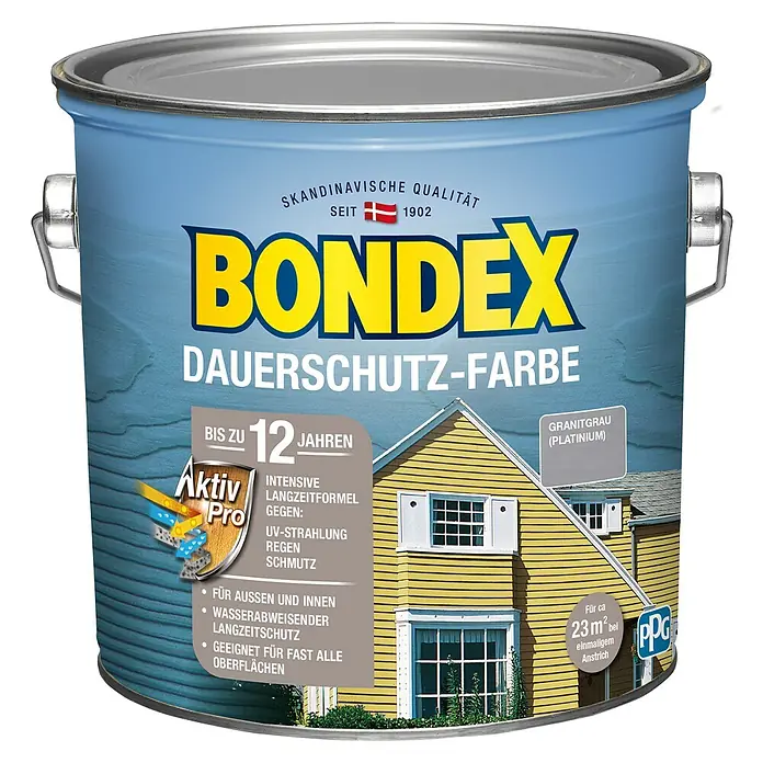 Bondex Dauerschutzfarbe - Platinum/Granitgrau, 2,5 l - Abbildung einer Dose Bondex Dauerschutz-Farbe, eine skandinavische Qualitätsfarbe für langanhaltenden Schutz und vielfältige Oberflächen.