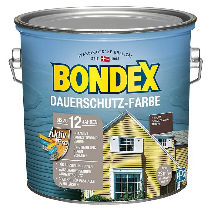 Bondex Dauerschutzfarbe - Kakao/Schokobraun, 2,5 l - Farbdose Bondex Dauerschutz-Farbe Kakao (Schokoladenbraun) mit skandinavischer Qualität für langanhaltenden Schutz und vielseitige Oberflächen.