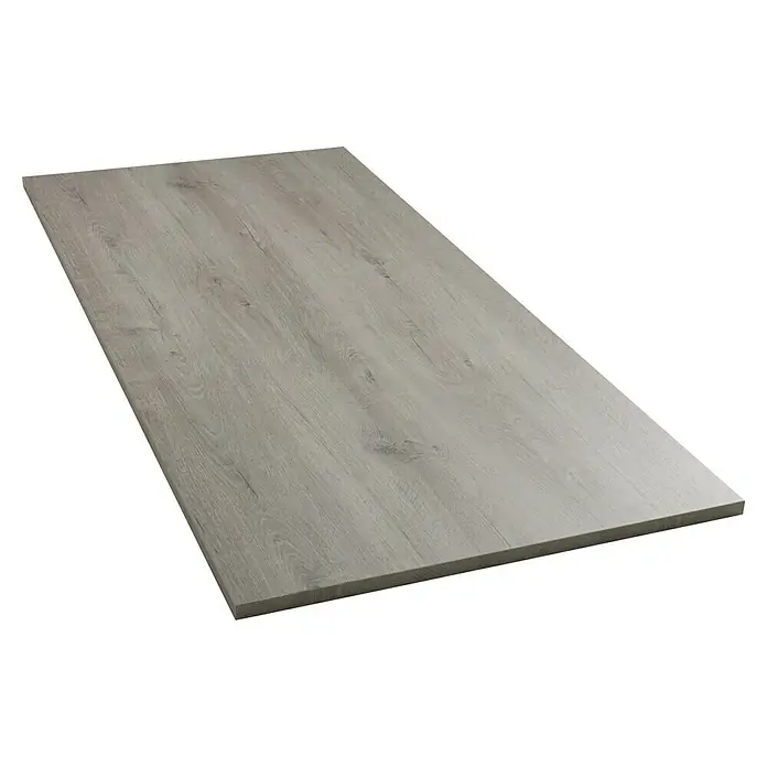 Tischplatte - Romantik Eiche, 180 cm x 80 cm x 25 mm - Nahaufnahme einer hellgrauen Holzplatte mit feiner Maserung, ideal für Möbelbau oder Innenausbau.