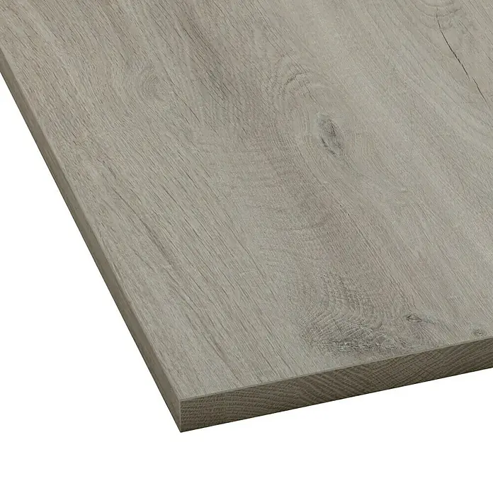 Tischplatte - Romantik Eiche, 80 cm x 80 cm x 25 mm - Nahaufnahme einer hellgrauen Holzplatte mit feiner Maserung, ideal für Möbel oder Arbeitsplatten.