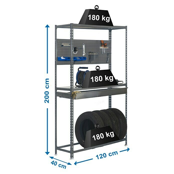 Simonrack Simonracing Metall-Reifenregal Box PlusL x B x H: 40 x 120 x 200 cm, Traglast: 180 kg/Boden, Anzahl Böden: 3 Stk., Grau Sketch