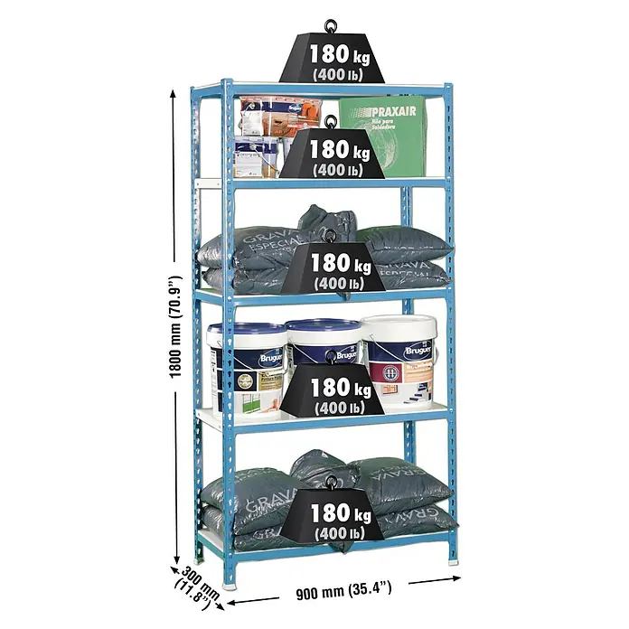 Simonrack Simonclick Metallregal Simonclick Plus - H x B x T: 180 x 90 x 30 cm, Traglast pro Boden: 180 kg, Anzahl Böden: 5 Stk., Stecken, Blau/Weiß - Ein blaues Regal mit fünf Ebenen, beladen mit verschiedenen Artikeln und Gewichten, die das maximale Traggewicht von 180 kg pro Ebene anzeigen.