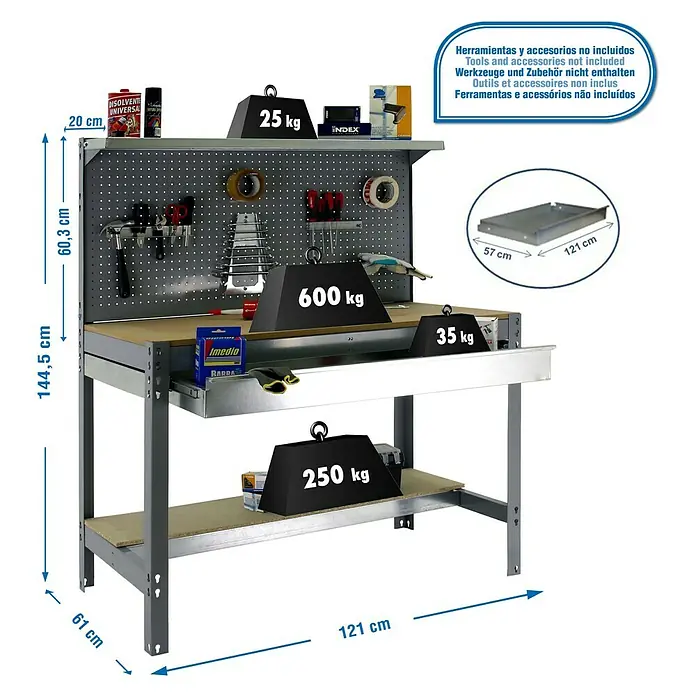 Simonrack Simonwork Werkbank Set BT3 Box 1200 - L x B: 61 x 121 cm, Arbeitshöhe: 144,5 cm, Belastbarkeit: 600 kg, Grau/Holz - Werkbank mit Maßen und Gewichtsangaben. Werkzeuge und Zubehör sind nicht enthalten. Die Werkbank ist robust und ideal für Werkstattarbeiten.