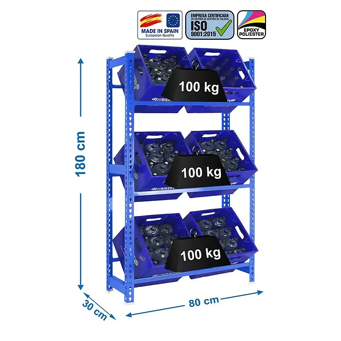 Simonrack Simonbottle Getränkekistenregal Bottleclick - H x B x T: 180 x 80 x 30 cm, Traglast Einlegeboden: 100 kg, Anzahl Böden: 3 Stk., Stecken, Blau - Blaues Regal mit drei Ebenen, jede Ebene mit zwei blauen Kisten gefüllt und mit 100 kg Gewicht belastet.