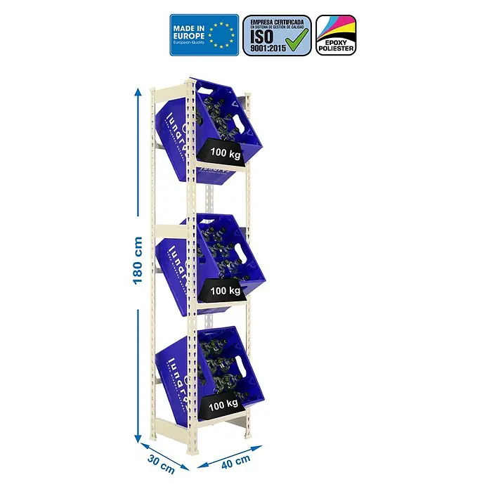 Simonrack Simonbottle Getränkekistenregal Bottleclick - H x B x T: 180 x 40 x 30 cm, Traglast Einlegeboden: 100 kg, Anzahl Böden: 3 Stk., Stecken, Weiß - Abbildung eines modularen Lagerregals mit drei blauen Kisten, die jeweils 100 kg tragen können und die Qualitätssiegel Made in Europe tragen.