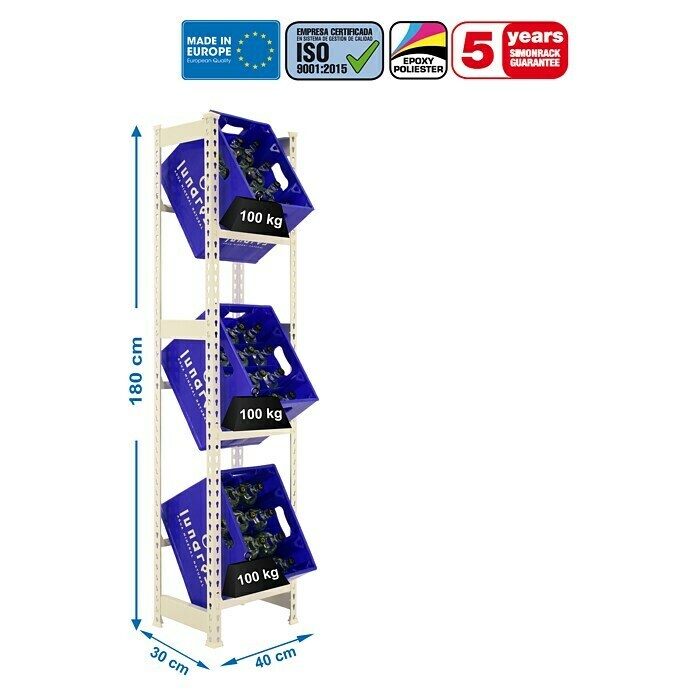Simonrack Simonbottle Metall-Getränkekistenregal BottleclickL x B x H: 30 x 40 x 180 cm, Traglast: 100 kg/Boden, Anzahl Böden: 3 Stk., Weiß Sketch