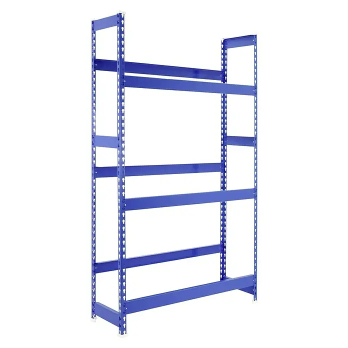 Simonrack Simonbottle Getränkekistenregal Bottleclick - H x B x T: 180 x 100 x 30 cm, Traglast Einlegeboden: 100 kg, Anzahl Böden: 3 Stk., Stecken, Blau - Abbildung eines blauen Schwerlastregals mit vier Regalebenen, ideal für Lagerung und Organisation in Werkstatt oder Lager.