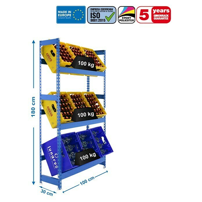 Simonrack Simonbottle Metall-Getränkekistenregal BottleclickL x B x H: 30 x 100 x 180 cm, Traglast: 100 kg/Boden, Anzahl Böden: 3 Stk., Blau Sketch