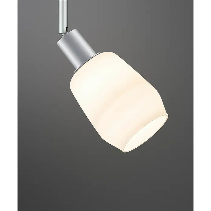Paulmann URail LED-Spot DecoSystems - Lampenfassung: E14, Farbe: Chrom matt - Nahaufnahme einer modernen, schwenkbaren LED-Deckenleuchte mit silbernem Finish und zylindrischem, milchigem Lampenschirm.