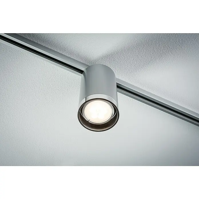Paulmann URail LED-Spot Tube - Chrom, GU10, Ø x H: 6,5 x 12,8 cm - Nahaufnahme einer modernen, verstellbaren Deckenleuchte auf einer Schiene, ideal für flexible Beleuchtungslösungen.