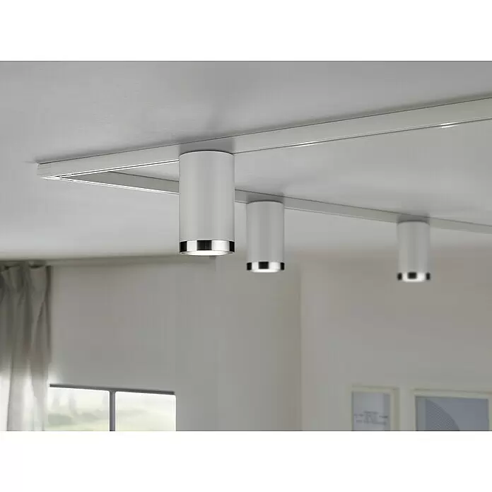 Paulmann URail LED-Spot Tube - Weiß, GU10, Ø x H: 6,5 x 12,8 cm - Drei zylindrische, silber-weiße Stromschienenstrahler an einem weißen Schienensystem beleuchten einen modernen Raum.