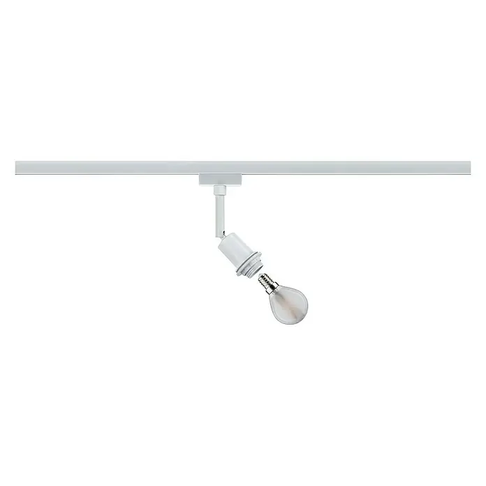 Paulmann URail LED-Spot DecoSystems - Lampenfassung: E14, Farbe: Weiß - Nahaufnahme einer weißen LED-Schiene mit verstellbarer Leuchte und einer dekorativen Glühbirne, ideal für modernes Wohnambiente.