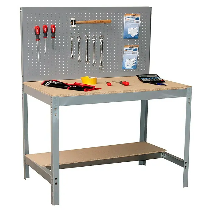 Simonrack Simonwork Werkbank Set BT2 1200 - Grau/Holz, Breite: 121 cm - Werkbank mit Werkzeugen und Zubehör. Die Werkbank verfügt über eine Lochwand zur Aufbewahrung. Ideal für Heimwerker.