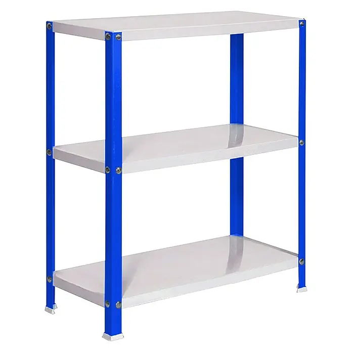 Simonrack Simonhome Metallregal Classic Mini - H x B x T: 90 x 80 x 40 cm, Traglast pro Boden: 100 kg, Anzahl Böden: 3 Stk., Schrauben, Blau/Weiß - Ein Regal mit drei weißen Ablagen und blauem Metallrahmen, ideal für zusätzlichen Stauraum und Organisation.