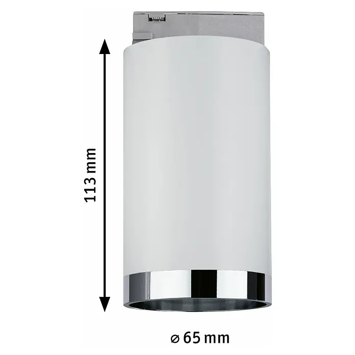 Paulmann URail LED-Spot Tube - Weiß, GU10, Ø x H: 6,5 x 12,8 cm - Produktbild einer zylinderförmigen Deckenleuchte in Weiß und Chrom mit den Maßen 113 mm Höhe und 65 mm Durchmesser.